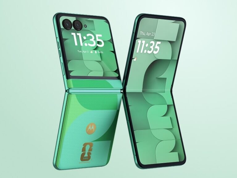 The Motorola Razr 2025 FIFA World Cup 26 Edition phone in a sleek design and colour scheme, with a football-themed background and a free gift box