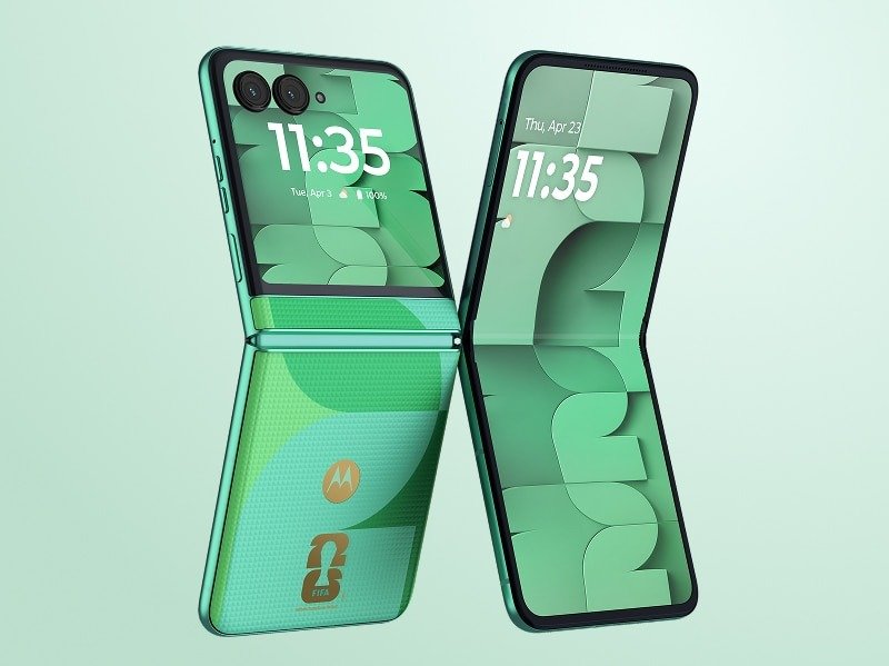 The Motorola Razr 2025 FIFA World Cup 26 Edition phone in a sleek design and colour scheme, with a football-themed background and a free gift box