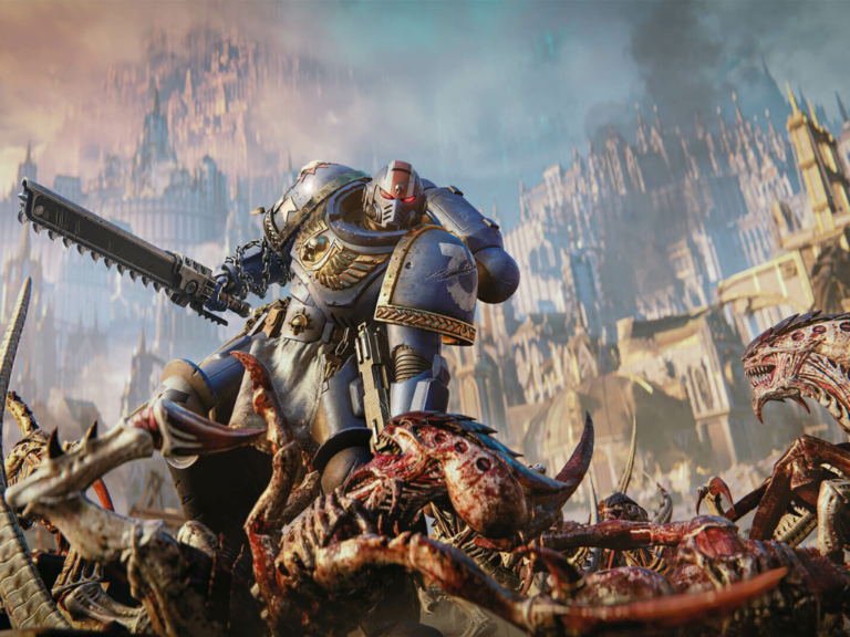 Warhammer 40,000: Space Marine 2 gameplay screenshot showing intense combat and richly detailed graphics, with a focus on the game's hack-and-slash shooter mechanics and grim darkness of the far future setting, available now in the UK