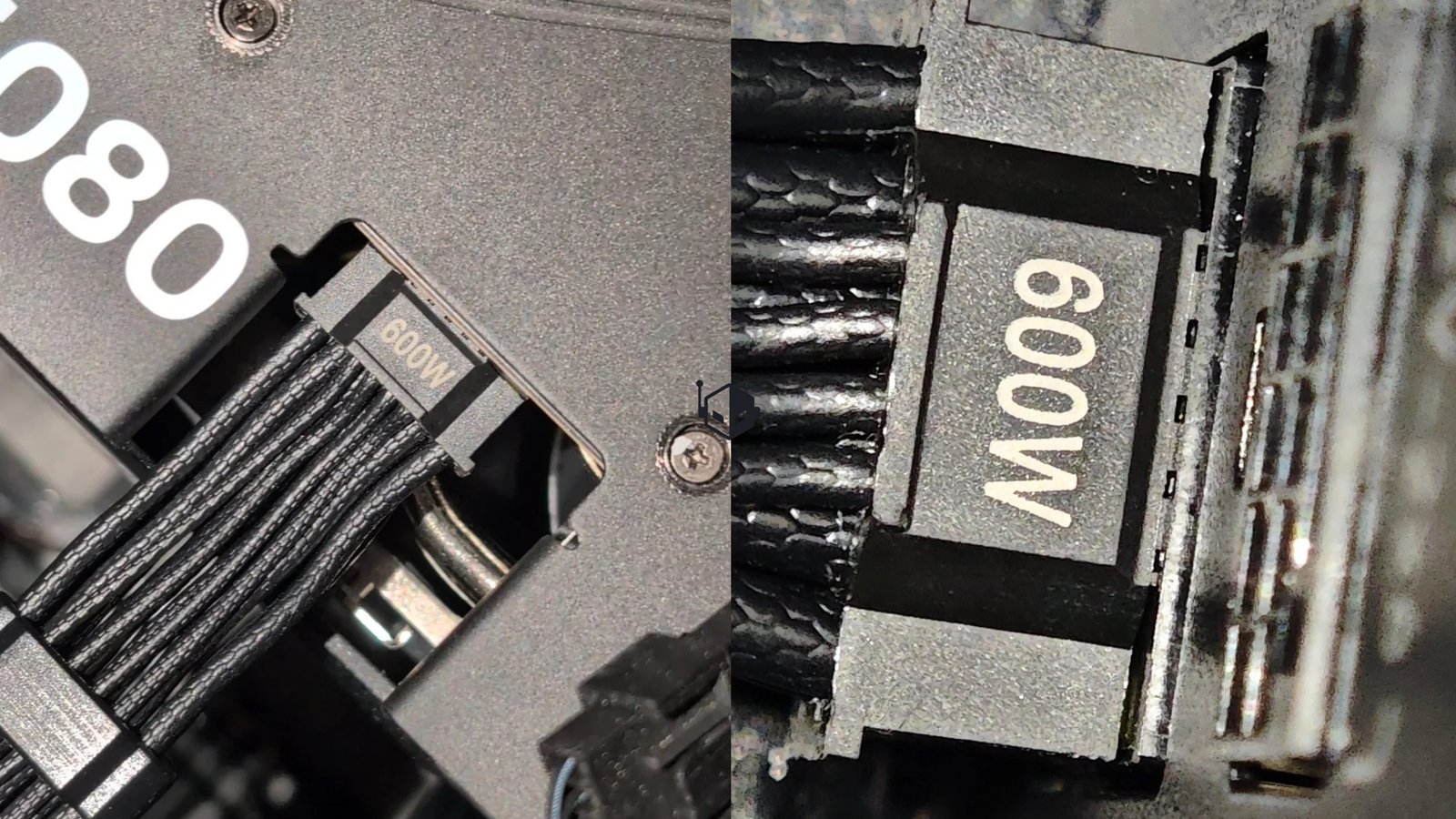 A close-up of the MSI yellow-tipped 16-pin power connector, which is prone to pushing out itself and increasing the risk of melting, a significant concern for GPU owners and a major issue affecting the RTX 50 series and RX 9070 XT cards