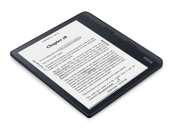 A person holding a Kobo Sage eReader, with a book open on the screen. The device is sleek and compact, with a high-resolution display. The Kobo Sage is a popular eReader that has been discontinued, leaving many to wonder what's next for the brand.