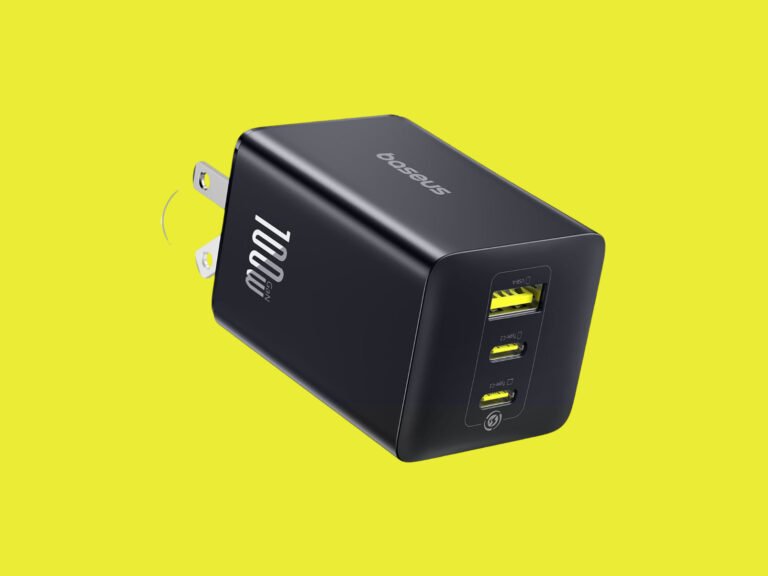 The Baseus Enerfill 100-watt GaN charger with foldable prongs and a compact design, perfect for fast and efficient charging on the go with GaN technology