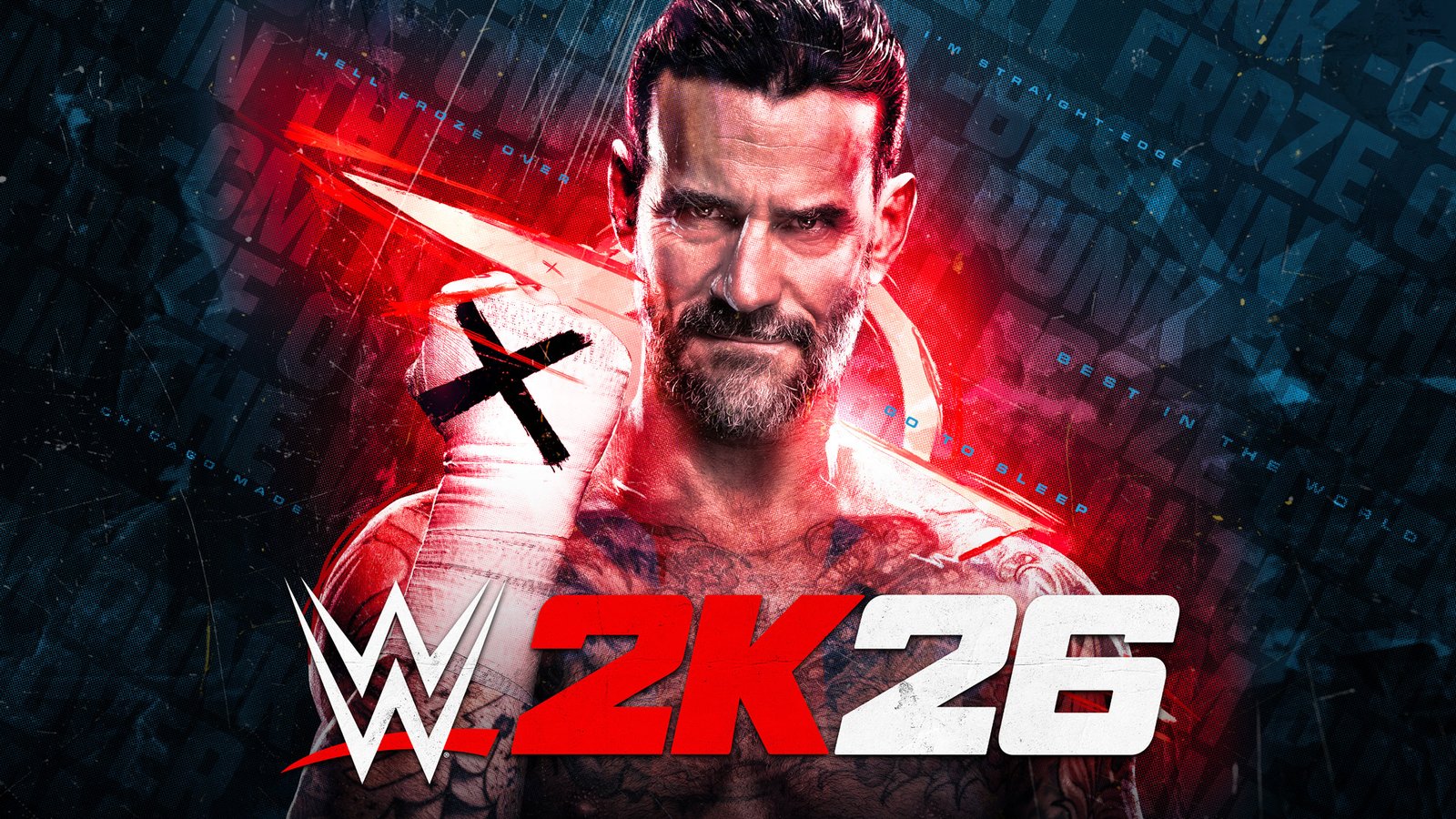 WWE 2K26 gameplay screenshot featuring a wrestling match with detailed character models and a packed arena, showcasing the game's improved graphics and immersive atmosphere, with a focus on the WWE 2K26 logo and the game's online hub