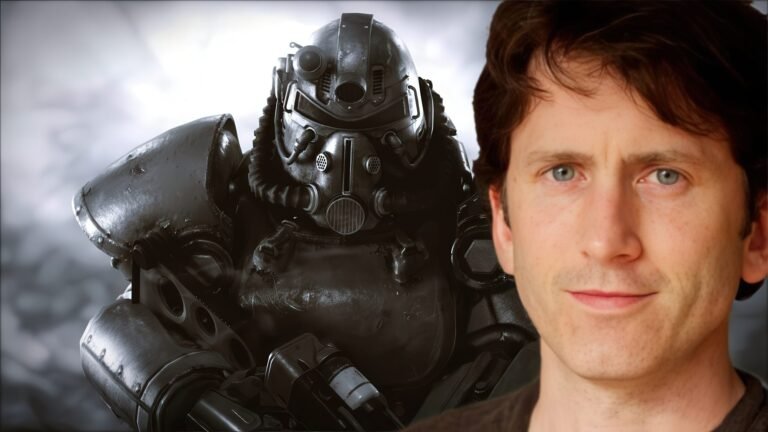 Todd Howard, director of Bethesda, stands proudly with a Fallout 76 poster, symbolizing his dedication to the game and its innovative design. The image captures the essence of the game, with its post-apocalyptic landscape and bold colour scheme, highlighting the primary keyword, Fallout 76, and its significance in the gaming world.