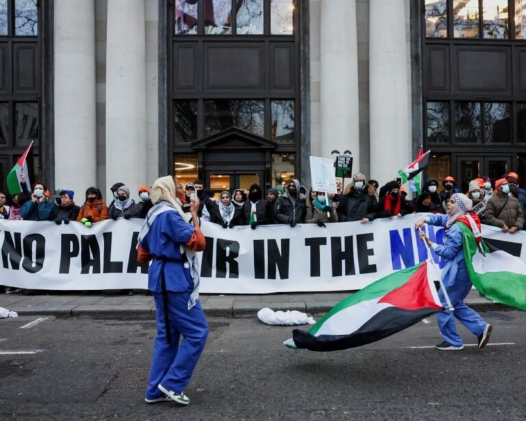 A person holding a tablet with a concerned expression, surrounded by circles and lines representing data collection and surveillance, with the Palantir logo in the background, highlighting the company's involvement in data analytics and the potential risks to UK citizens' data rights