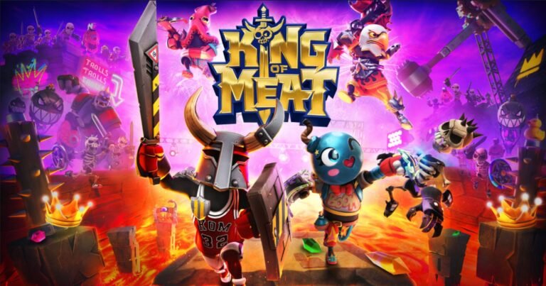 A screenshot of King of Meat's medieval obstacle course, featuring four players navigating a challenging level, with a colourful and vibrant colour scheme, highlighting the game's primary keyword, party platformer
