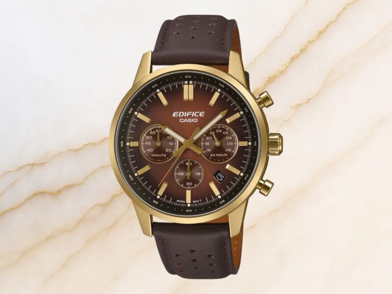 Casio Edifice EFR-575 series watch with slim metal bezel and gradated dial, perfect for watch enthusiasts and everyday wear, featuring a 1-second stopwatch and basic date display, available in various European countries