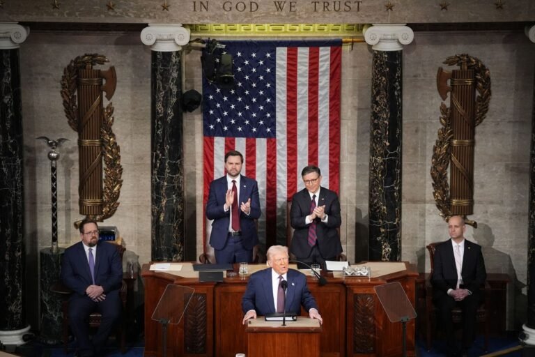 President Trump delivering his State of the Union address, with a focus on his behaviour and policy decisions that have led to his declining popularity, and the colour of the room reflecting the mood of the nation