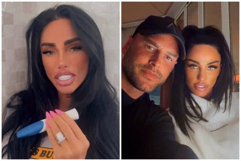 Katie Price beaming with joy, surrounded by loved ones, as she confirms her pregnancy with her new husband, a truly unforgettable moment in celebrity news