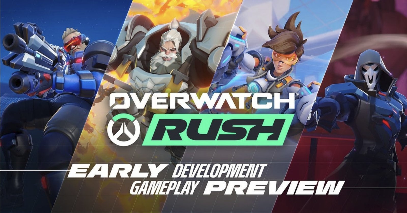 Overwatch Rush gameplay screenshot, featuring a 4v4 battle between heroes, with a cityscape in the background, showcasing the game's top-down perspective and colourful visuals, with a focus on the primary keyword, Overwatch Rush