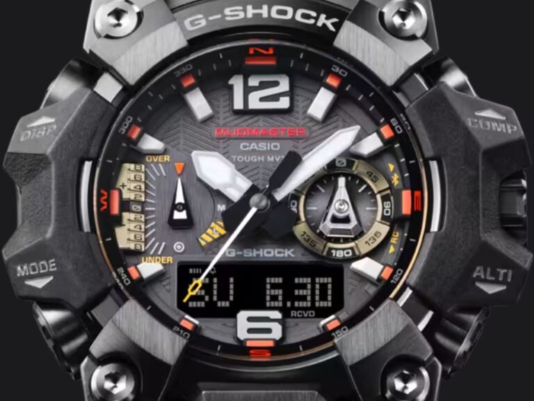The Casio G-Shock Mudmaster GWG-B1000MG-1A9 watch features a dark gray, red/orange, and bronze colour scheme, with a metal bezel and patterned resin strap, showcasing its unique magma-themed design and durable construction, perfect for outdoor enthusiasts and everyday wear, with advanced features like radio control and Bluetooth connectivity, making it a must-have for anyone who appreciates a high-quality timepiece.
