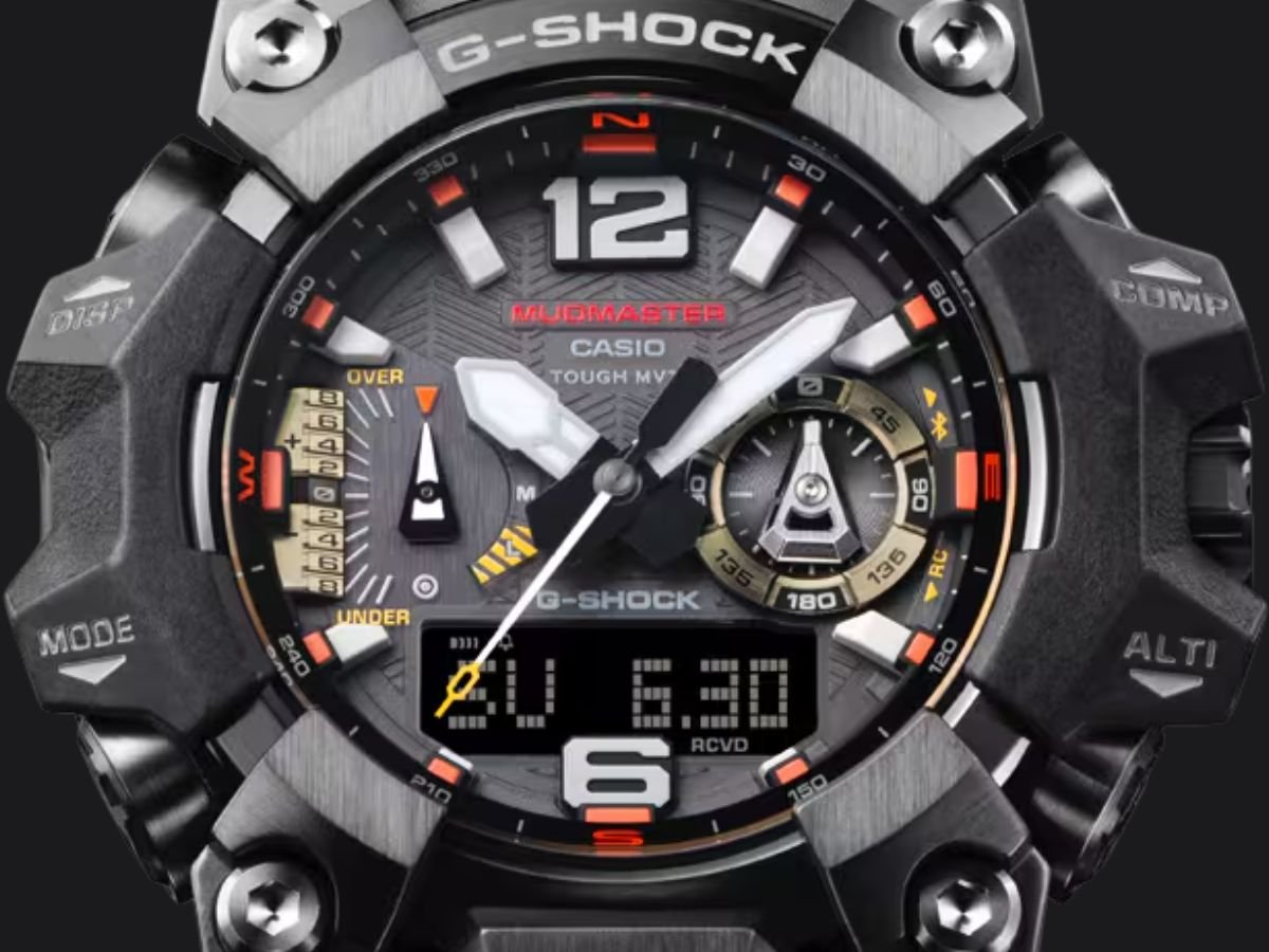 The Casio G-Shock Mudmaster GWG-B1000MG-1A9 watch features a dark gray, red/orange, and bronze colour scheme, with a metal bezel and patterned resin strap, showcasing its unique magma-themed design and durable construction, perfect for outdoor enthusiasts and everyday wear, with advanced features like radio control and Bluetooth connectivity, making it a must-have for anyone who appreciates a high-quality timepiece.