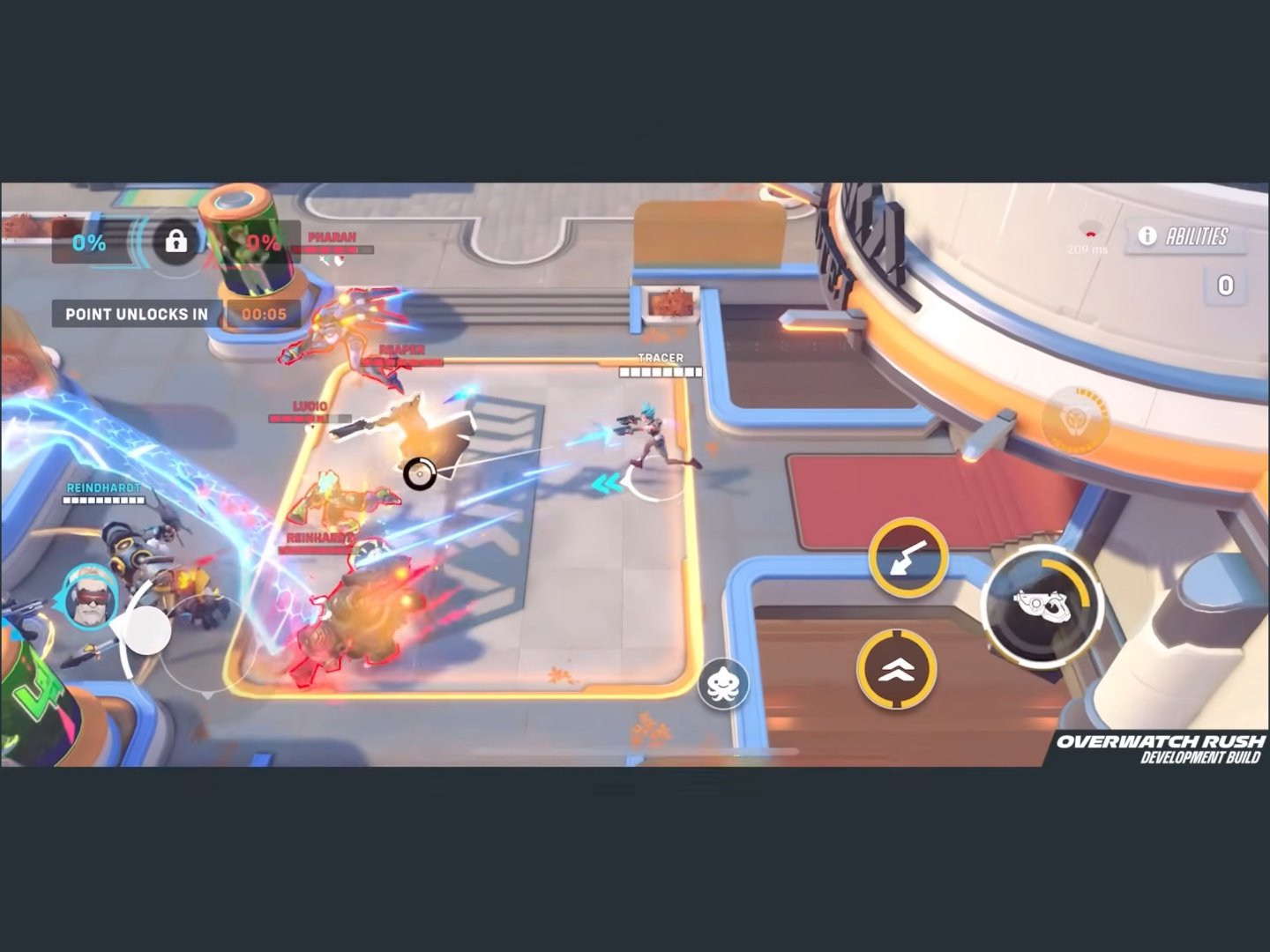 Overwatch heroes in action on mobile, with a top-down perspective and colourful graphics, showcasing the game's intuitive controls and fast-paced action, with a focus on the Rush gameplay
