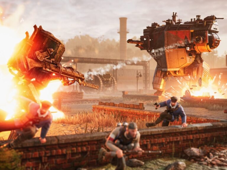 Iron Harvest real-time strategy game set in 1920s Europe with mechs and troops in action, with a primary focus on mech warfare and real-time strategy gameplay