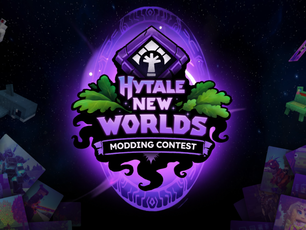 Hytale modding contest logo with a UK flag, featuring a colourful and vibrant design that showcases the game's unique characters and biomes, with a focus on next-level NPCs and gameplay experiences