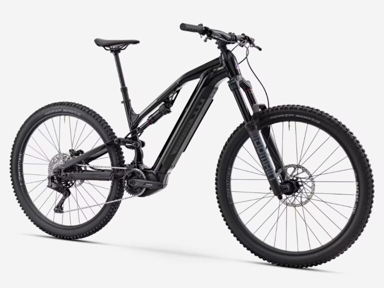 The Decathlon E-FEEL 900 S electric mountain bike in action, riding on a challenging trail with a beautiful landscape, showcasing its impressive features and vibrant colour scheme, a great example of an electric bike for mountain biking