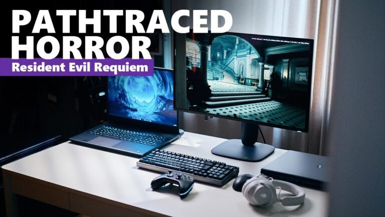 Resident Evil: Requiem gameplay screenshot showcasing the game's stunning visuals and path tracing technology, with a mix of horror and action elements, set amidst a dark and eerie atmosphere, highlighting the primary keyword phrase 'Resident Evil: Requiem'