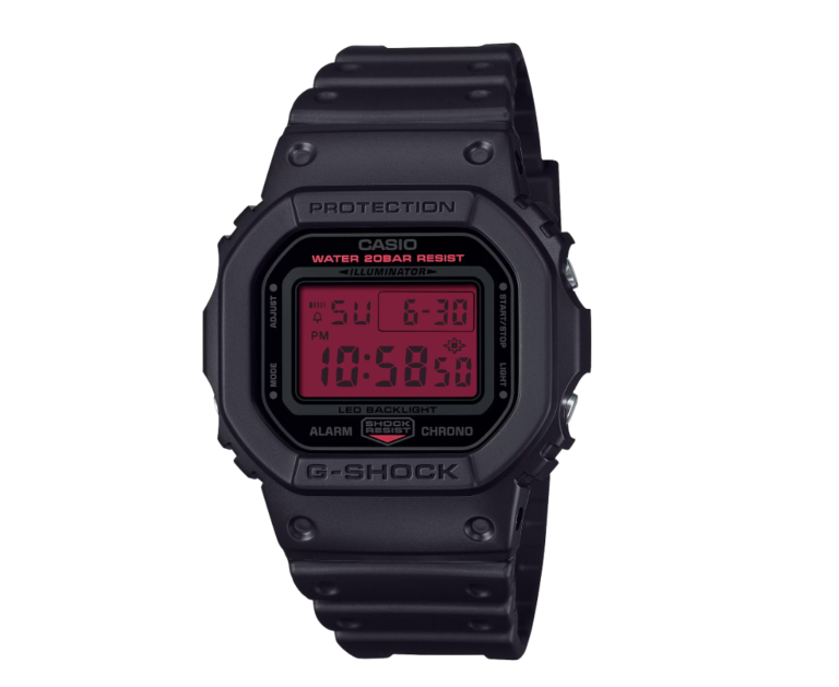 The Casio G-Shock DW-5600BBR-1 digital watch with a black and grey colour scheme, featuring a shock-resistant construction and LED backlight with afterglow, perfect for outdoor enthusiasts in the UK