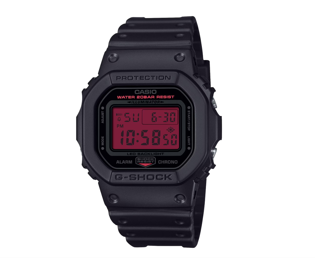 The Casio G-Shock DW-5600BBR-1 digital watch with a black and grey colour scheme, featuring a shock-resistant construction and LED backlight with afterglow, perfect for outdoor enthusiasts in the UK