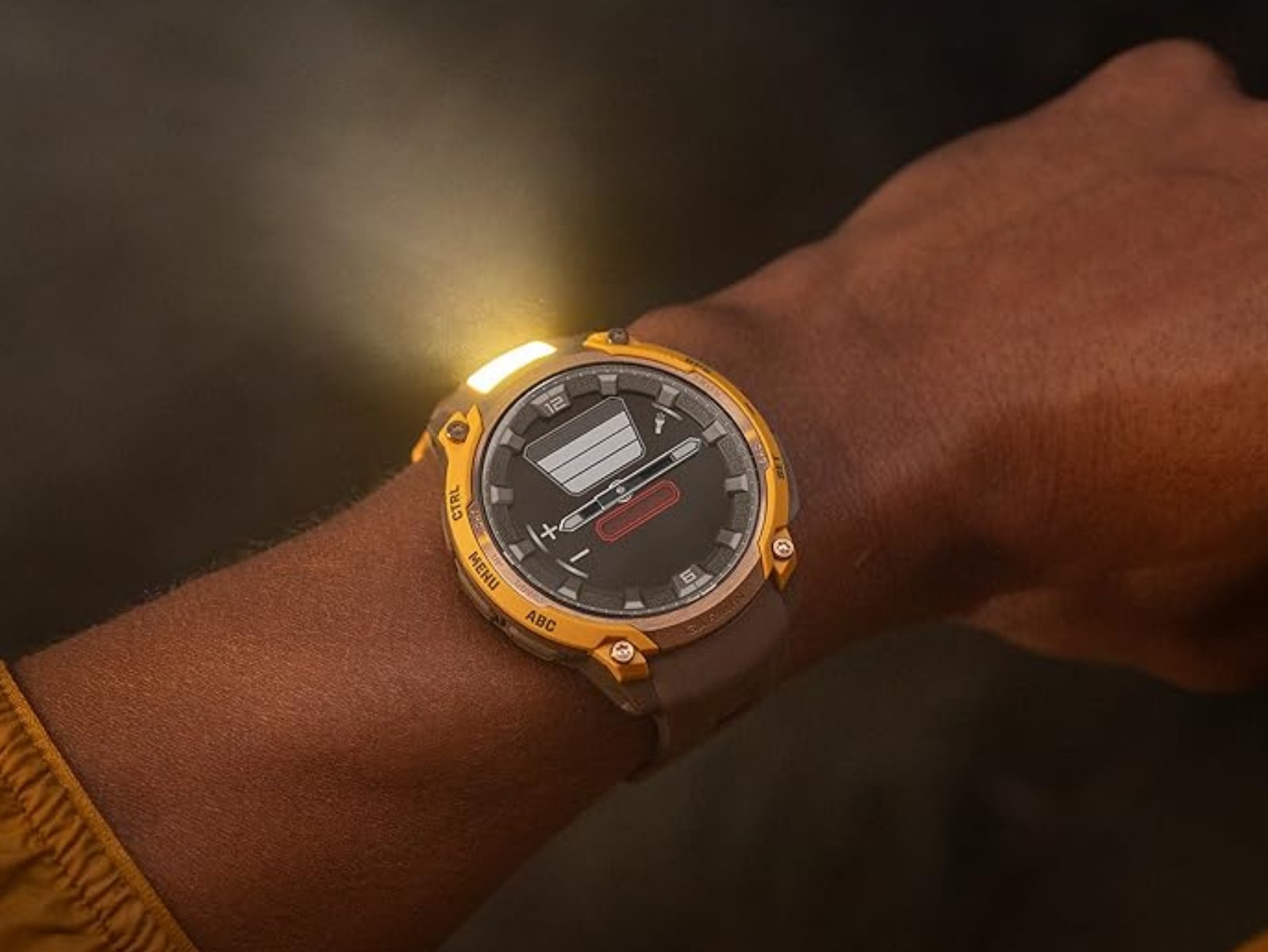 A Garmin smartwatch on a user's wrist, displaying a range of fitness metrics and features, with a colourful background and a fitness tracker in the foreground, highlighting the primary keyword of Garmin smartwatches