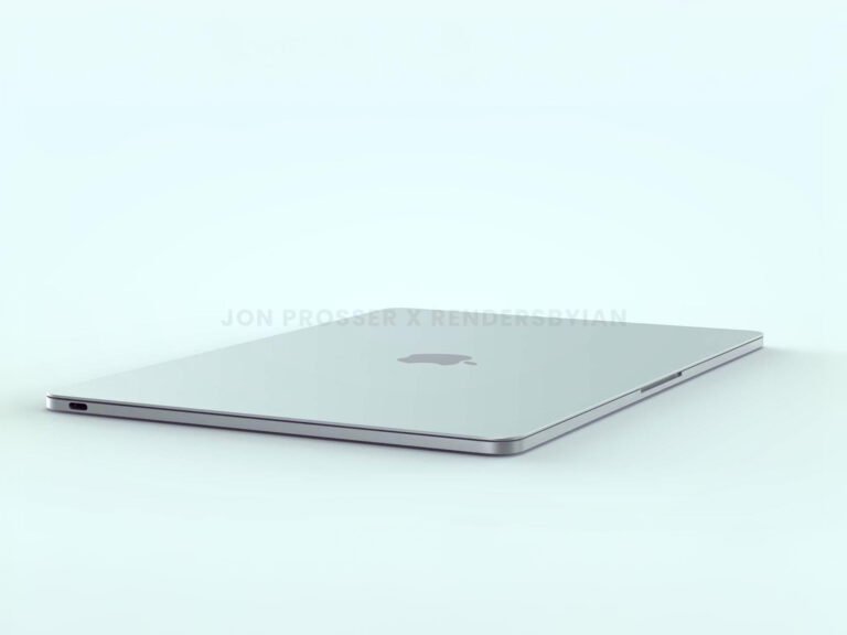 A close-up of the rumoured 12.9-inch MacBook's display, showcasing its impressive screen size and colour reproduction, with the Apple logo prominently featured in the UK context