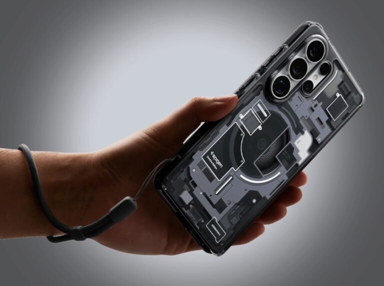 A close-up of Spigen's compact magnet adapter and magnetic case for Samsung Galaxy S26 Ultra, showcasing the innovative design and vibrant colour options available to UK users