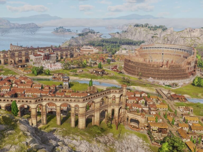 A screenshot of Anno 117: Pax Romana, showing a bustling Roman city with colourful buildings and characters, set in a fictional UK-inspired landscape