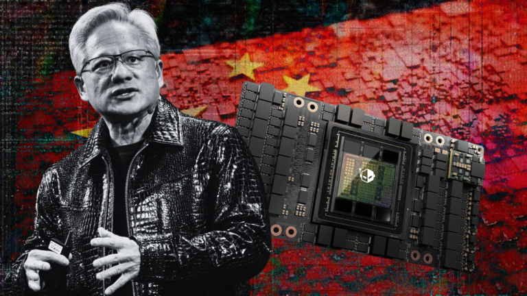 NVIDIA's logo with a background image of a circuit board, representing the company's focus on AI and chip production in the UK, with a subtle hint of the Chinese flag, symbolising the complex relationship between NVIDIA and China