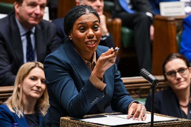 Kemi Badenoch speaking in parliament, surrounded by controversy over her comment about the Labour party being a 'paedo defenders party', a claim that has been widely criticised and led to calls for an apology