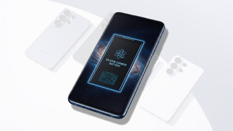 A close-up of a silicon-carbon battery, with a Samsung Galaxy S smartphone in the background, highlighting the company's adoption of this technology to deliver better battery life and performance in the UK