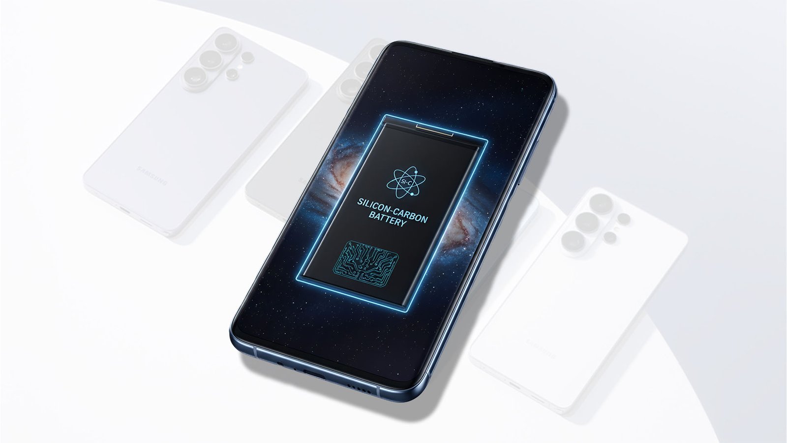 A close-up of a silicon-carbon battery, with a Samsung Galaxy S smartphone in the background, highlighting the company's adoption of this technology to deliver better battery life and performance in the UK