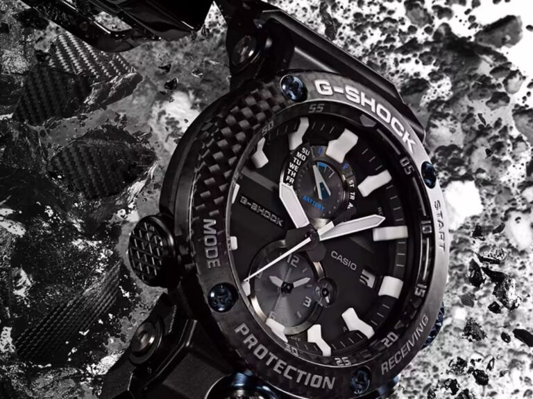 The Casio G-Shock GWR-B3000 GravityMaster watch, featuring a sleek design and innovative technology, including Bluetooth and Tough Solar charging, set against a backdrop of the UK's vibrant cityscape