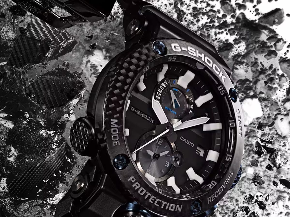 The Casio G-Shock GWR-B3000 GravityMaster watch, featuring a sleek design and innovative technology, including Bluetooth and Tough Solar charging, set against a backdrop of the UK's vibrant cityscape