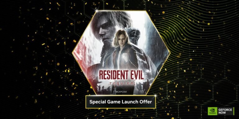 Resident Evil Requiem gameplay on a cloud gaming platform, with a dark and ominous atmosphere, showcasing the game's intense action and thrilling storyline, available with a GeForce NOW Ultimate subscription in the UK