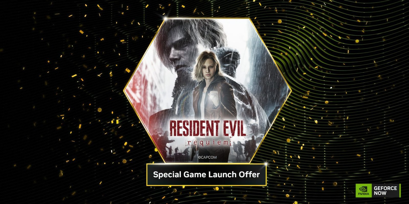 Resident Evil Requiem gameplay on a cloud gaming platform, with a dark and ominous atmosphere, showcasing the game's intense action and thrilling storyline, available with a GeForce NOW Ultimate subscription in the UK