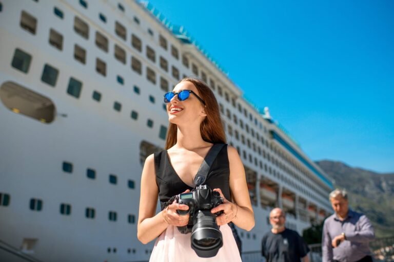A frantic passenger running along the pier as their cruise ship departs without them, highlighting the importance of punctuality and careful planning when embarking on a cruise holiday, with the primary keyword being cruise ship departure