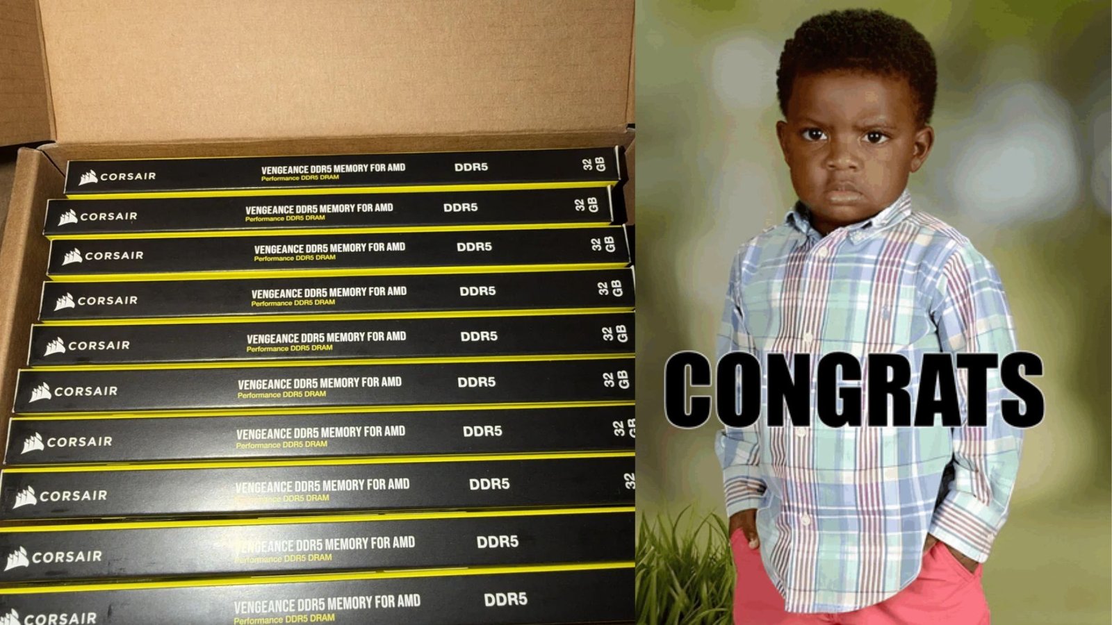 A photo of a person holding a RAM kit, with a surprised expression, surrounded by multiple high-value RAM kits, showcasing the unexpected windfall, with a focus on the primary keyword RAM kits