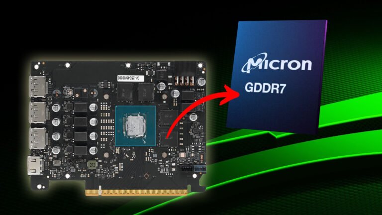 A close-up of the Galax RTX 5060 graphics card with Micron GDDR7 memory chips, showcasing the latest technology in the UK gaming industry, with a focus on NVIDIA's RTX 50 series and GDDR7 memory