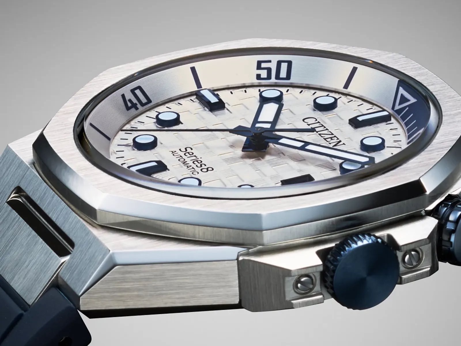 Citizen's Series 8 mechanical watch with a rotating inner dive bezel and lightweight PU strap, featuring Caliber 9051 movement and 200m water resistance, perfect for UK divers and watch collectors