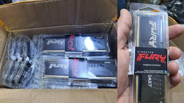A photo of 40 DDR5 RAM sticks, valued at £7000, found in a £100 Amazon return pallet, with a surprised UK buyer in the background, highlighting the potential of bargain hunting in the UK