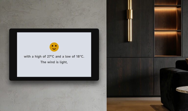 A 4.3-inch smart display with Wi-Fi 6 and touchscreen, featuring a capacitive IPS screen and optional 5MP camera for smart home control and automation in the UK, with a sleek and modern design