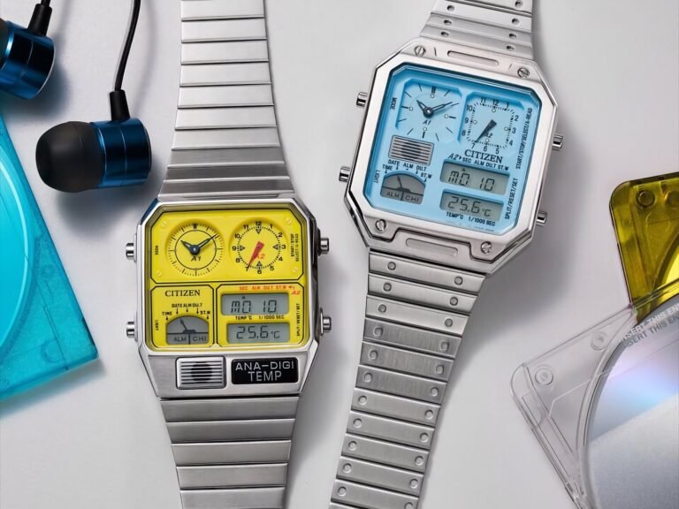 Citizen's Ana-Digi Temp watch featuring a retro-futuristic design with analog sub-dials, LCD screens, and a thermometer, showcasing a unique blend of nostalgia and innovation, perfect for watch enthusiasts in the UK