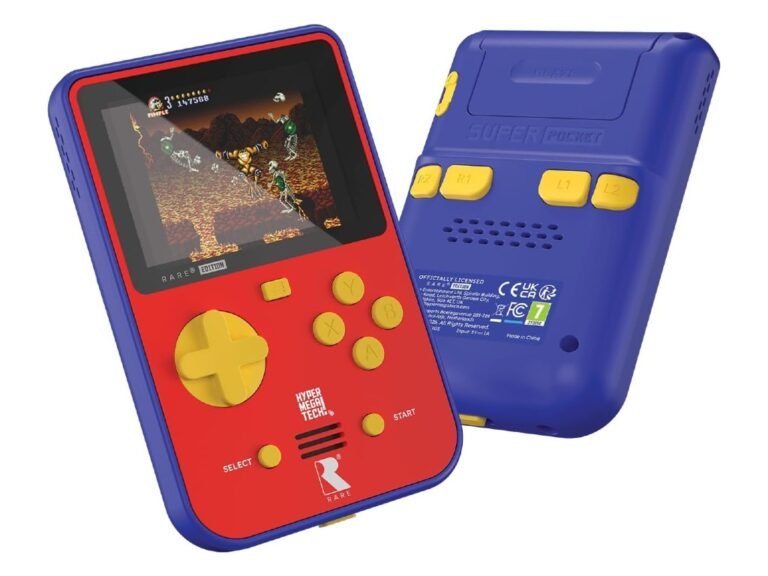 The HyperMegaTech Super Pocket Rare Edition handheld console, featuring 14 classic games from Rare Limited, including iconic titles such as Banjo-Kazooie and Perfect Dark, with a colourful and retro design that is sure to delight fans of all ages
