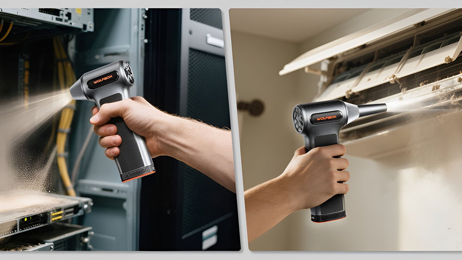 A person holding a WOLFBOX portable air blower, with a clean and dust-free keyboard in the background, showcasing the product's effectiveness in removing dust and debris from sensitive electronics and surfaces, highlighting the importance of using a high-quality air blower for a cleaner and healthier environment