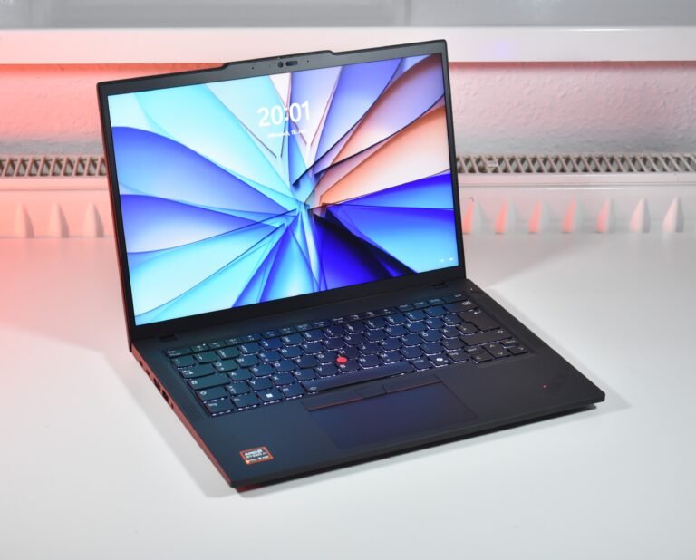 Lenovo ThinkPad P14s laptop with AMD Ryzen AI 9 HX processor and 96GB DDR5 RAM, featuring a bright IPS screen with up to 500 nits and 100% sRGB colours, perfect for memory-hungry users in the UK