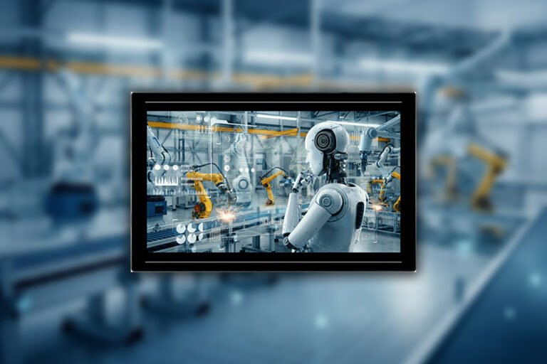 A 15.6-inch fanless industrial panel PC with a rugged IP65 front panel, showcasing its durability and efficiency in UK industrial settings, perfect for supporting Edge AI and industrial IoT applications