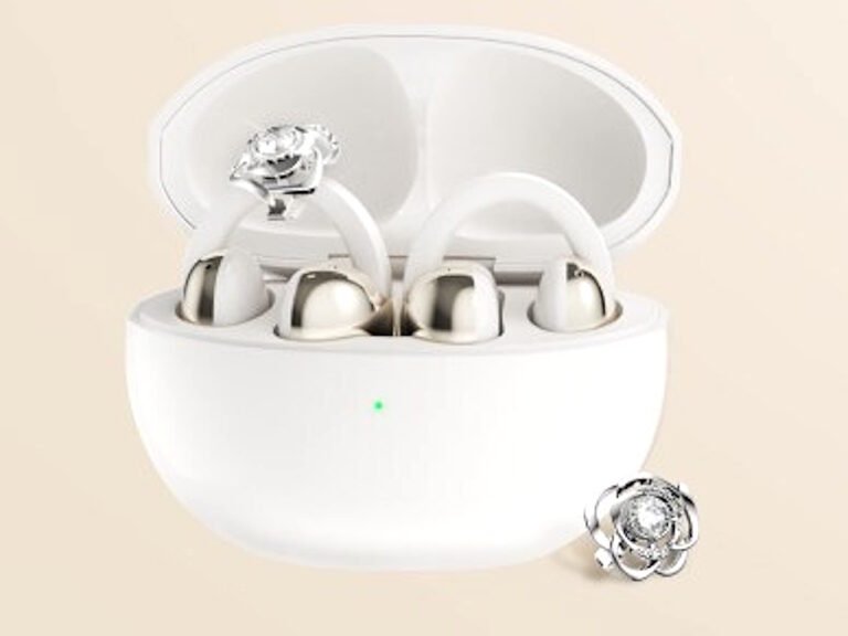 The TCL CrystalClip earbuds with Swarovski crystals, showcasing their elegant design and advanced features, perfect for music lovers in the UK who value luxury and style