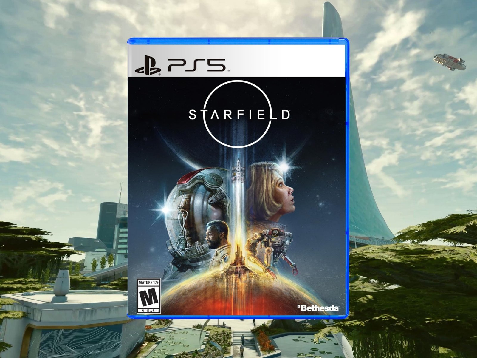 Image of Starfield game cover with a spaceship flying through a distant planet, showcasing the game's stunning graphics and colour scheme, with the UK gaming market eagerly awaiting its release