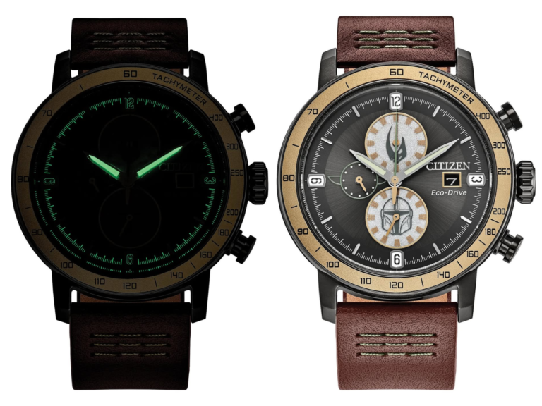 The Citizen Star Wars Mandalorian CA0857-09W Eco-Drive chronograph, showcasing its 43.6 mm case, Mudhorn and Mandalorian helmet sub-dial graphics, and luminous hands, set against a backdrop of themed packaging, highlighting the primary keyword: Star Wars watches