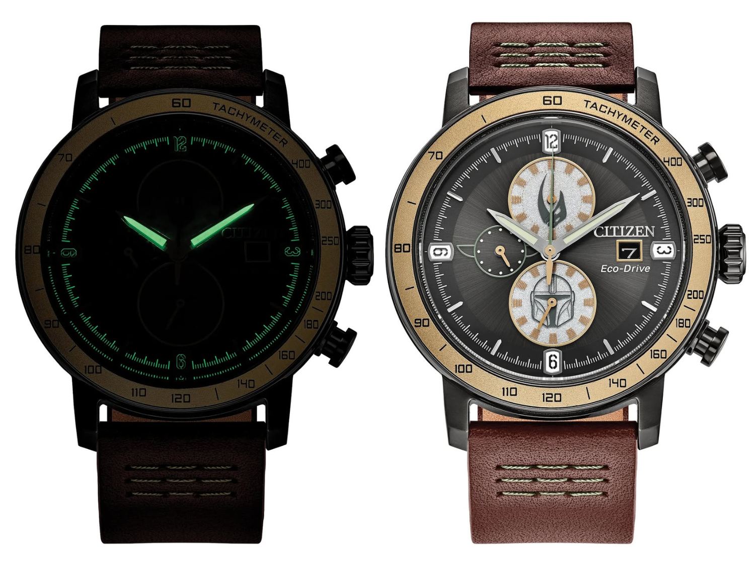 The Citizen Star Wars Mandalorian CA0857-09W Eco-Drive chronograph, showcasing its 43.6 mm case, Mudhorn and Mandalorian helmet sub-dial graphics, and luminous hands, set against a backdrop of themed packaging, highlighting the primary keyword: Star Wars watches